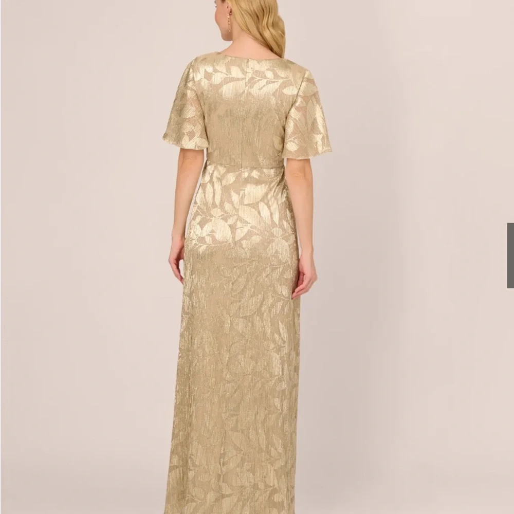 Adrianna Papell Metallic 1920s art deco inspired Gold Leaf Dress with slit - Picture 2 of 10
